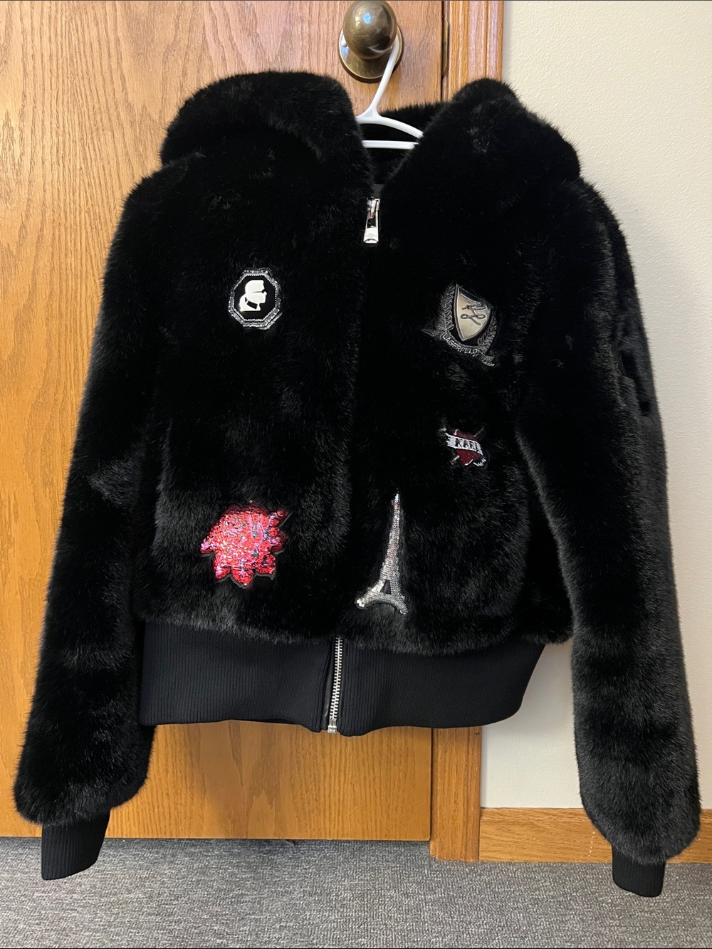 Black Faux Fur Patch Hoodie Jacket Karl Lagerfeld